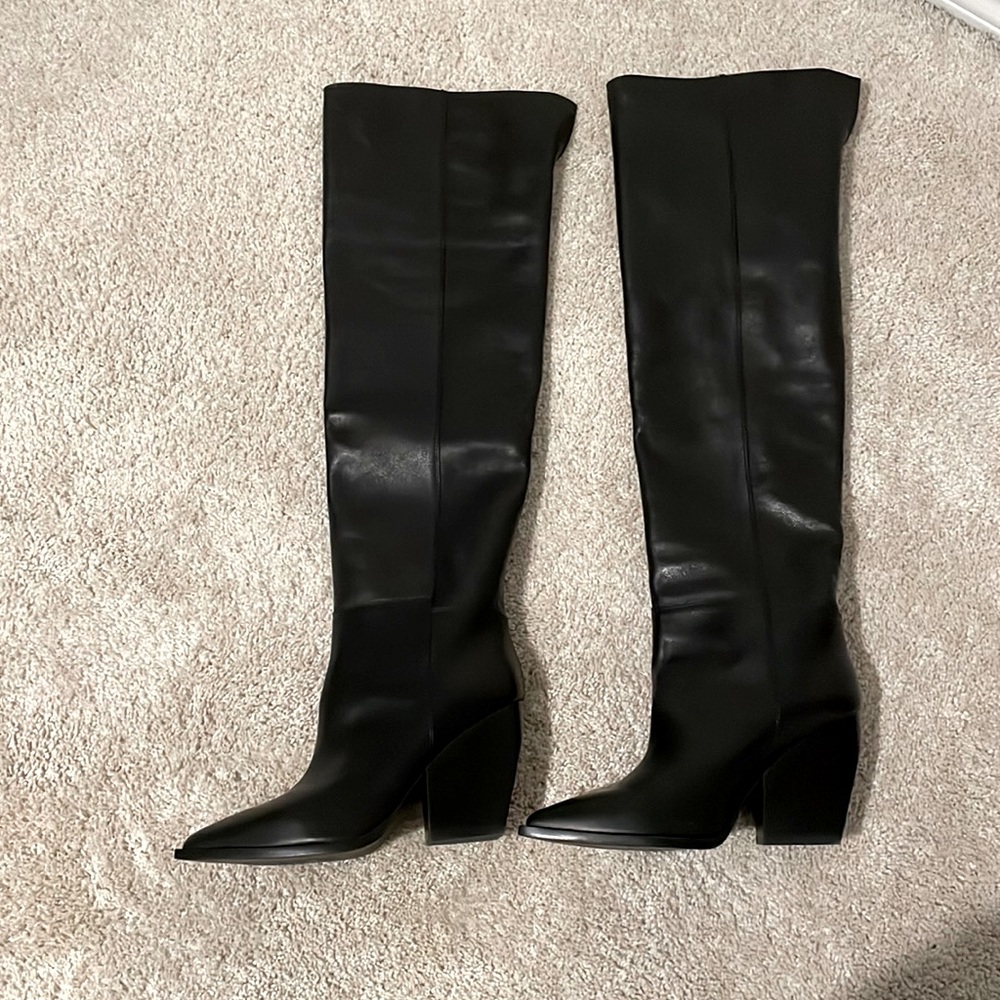 ALLSAINTS Black Reina Over Knee Leather Heeled Boots. Size 8US